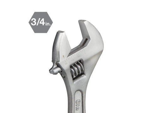 Twelve Inch Adjustable Wrench With Drop Forged Carbon Steel, Heat Treated, Satin Chrome Finish, precision slide jaw at 3/4 inch