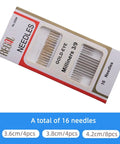 Package of 16 Milliners 39 Gold-Eye Needles in various sizes, including 3.6cm 4pcs, 3.8cm 4pcs, and 4.2cm 8pcs.