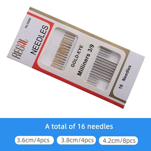 Package of 16 Milliners 39 Gold-Eye Needles in various sizes, including 3.6cm 4pcs, 3.8cm 4pcs, and 4.2cm 8pcs.