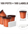 Image of 100 Pack 4 Inch Plastic Nursery Pots With Drainage Holes And 100 Plant Labels For Seed Starting Seedlings And Small Flower Plants No Brainer Starter Kit For Your Home Garden Projects, showing red pots and white labels.