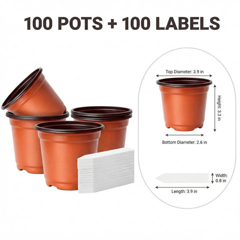 Image of 100 Pack 4 Inch Plastic Nursery Pots With Drainage Holes And 100 Plant Labels For Seed Starting Seedlings And Small Flower Plants No Brainer Starter Kit For Your Home Garden Projects, showing red pots and white labels.