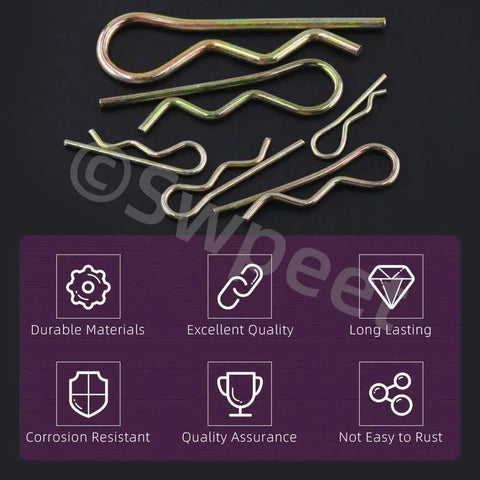 175 Piece Cotter Pin Kit With Six Sizes Zinc Plated Steel Hairpin R Clips And Hitch Pins on black background with icons