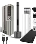 Tiny But Mighty Mini Electric Screwdriver Kit 69 In 1 with LED, magnetic plate, Type C charging, shown with accessories and packaging.