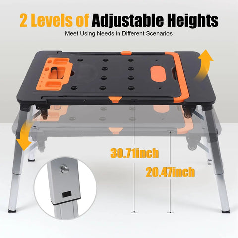 Tough As Nails Folding Work Table, 330 Lb Capacity Adjustable Workbench, 7 In 1 Roll Smooth Platform With Secure Grip Universal Wheels, Collapsible Auto Repair Skateboard And Shop Workhorse Cart For Trades