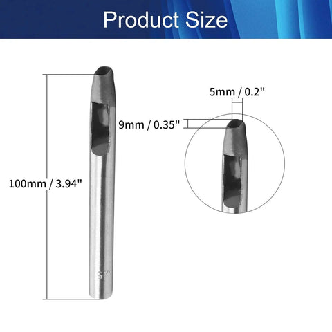 Leather Hole Punch Tool Oval 9x5mm Carbon Steel Hollow Punch with dimensions, 4 inch length, shown in product size image