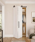 Slick 36 By 84 Inch Bi Fold Sliding Barn Door With Top Shelf Hardware Kit And Smooth Glide Track Primed Leaves in a modern room.