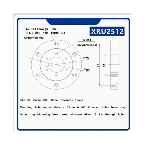 Technical drawing of Crossed Roller Bearings Slewing Ring XRU2512UUCC0 P5 Stainless Steel Corrosion Resistant Compact Design