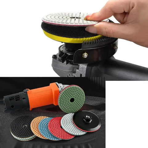 Hand adjusting Wet Polisher 860W 110V with 4 Inch Diamond Pad, used for concrete and tile, shown with colored polishing pads