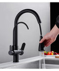Purified Kitchen Faucet - 360° Rotating TapDeck-Mounted Filtered Water MixerHot & ColdEasy Installation Gray Design, showcasing a person using the pull-down spray head.