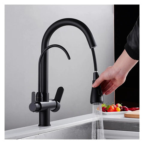 Purified Kitchen Faucet - 360° Rotating TapDeck-Mounted Filtered Water MixerHot & ColdEasy Installation Gray Design, showcasing a person using the pull-down spray head.