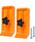 Heavy Duty Stackable Featherboards 2 Pack For Table Saw Router Table And Band Saw With Universal T Track And Miter Slot Mount Hardware showing two orange featherboards with black knobs.