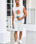 Man wearing Mens Sleeveless Tank Top For Gym And Workout Gains With Palm Tree Hawaiian Print Muscle Tank Summer Beach Tee Lightweight Polyester Cotton Blend White Shade