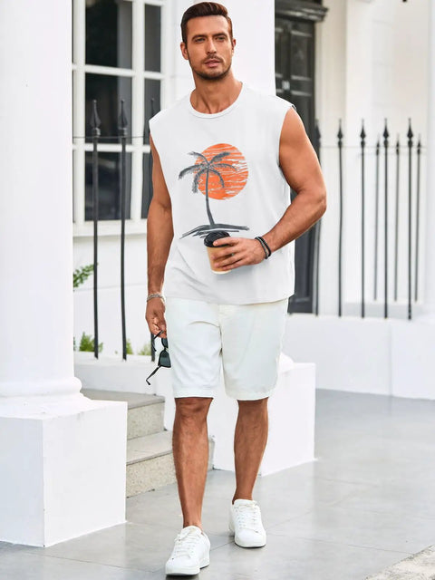 Man wearing Mens Sleeveless Tank Top For Gym And Workout Gains With Palm Tree Hawaiian Print Muscle Tank Summer Beach Tee Lightweight Polyester Cotton Blend White Shade