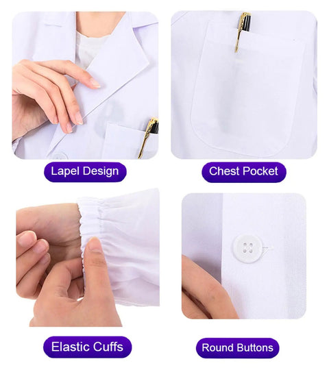 Detail shots of Unisex Pro Grade Lab Coat With Three Pockets White Cotton Poly Blend showing lapel, chest pocket, elastic cuffs, and buttons.
