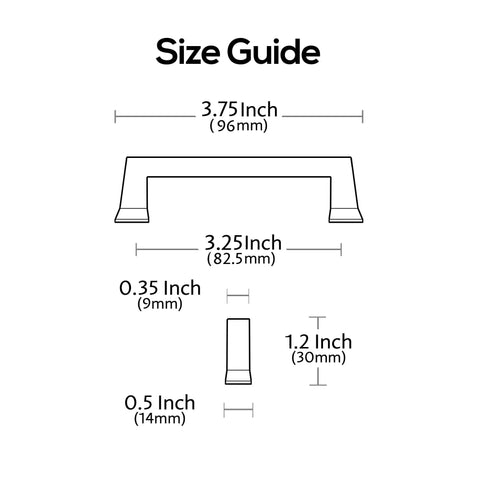Size guide for Solid Matte Black Cabinet Pulls Set Of Ten Three And Three Quarter Inch Overall Length With Three And A Quarter Inch Hole Centers