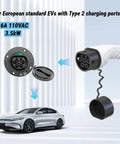 Portable Ev Charger Type 2 To Nema 515 Plug 16 Amp 110 Vac With 16 Foot Cable Ip65 Rated shown with Type 2 charging port and EV.