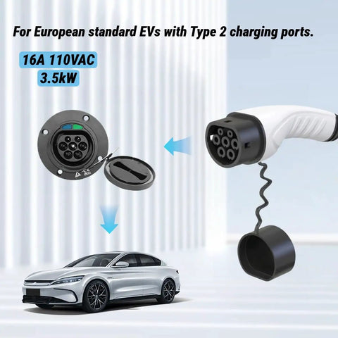 Portable Ev Charger Type 2 To Nema 515 Plug 16 Amp 110 Vac With 16 Foot Cable Ip65 Rated shown with Type 2 charging port and EV.