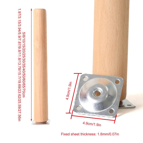 Close-up of 4 Pack Solid Wood Furniture Legs 9.8 Inch with mounting plates and screws, durable modern look, easy to install.