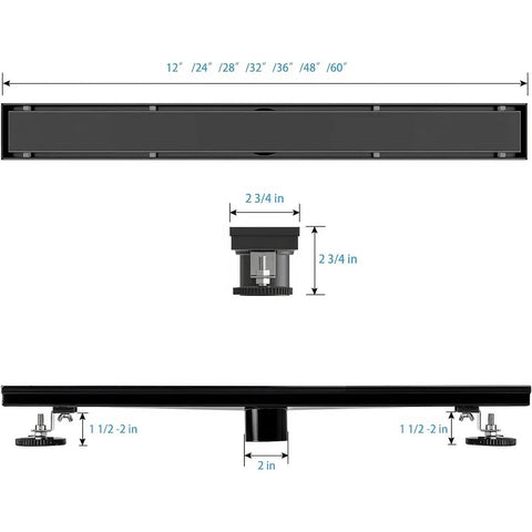 Black Slick 28 Inch Linear Shower Drain With Flat And Tile Insert, 2 In 1 Panel Hair Strainer And Leveling Feet Dimensions
