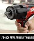 Heavy Duty 20V Cordless Impact Wrench Delivering Nut Crushing Mid Torque Power With 4.0 Ah Battery And Fast Auto Charger showing 1/2-inch anvil and friction ring.