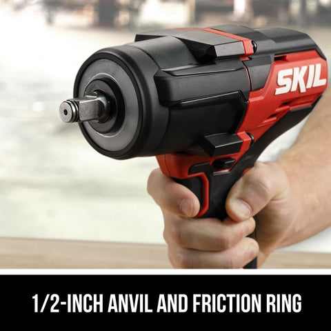 Heavy Duty 20V Cordless Impact Wrench Delivering Nut Crushing Mid Torque Power With 4.0 Ah Battery And Fast Auto Charger showing 1/2-inch anvil and friction ring.