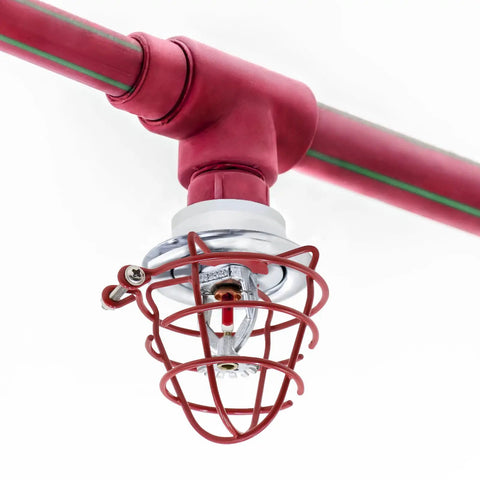 Built Like A Tank 1/2 Inch Fire Sprinkler Head Cage Guard Protector Bracket 18 Pack Red Steel Wire with attached sprinkler head.