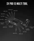 Diagram of Compact Bike Multi Tool With Stainless Steel Bits, Alloy Side Plates, Hex and Torx sizes, chain breaker detailed view.