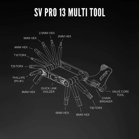 Diagram of Compact Bike Multi Tool With Stainless Steel Bits, Alloy Side Plates, Hex and Torx sizes, chain breaker detailed view.