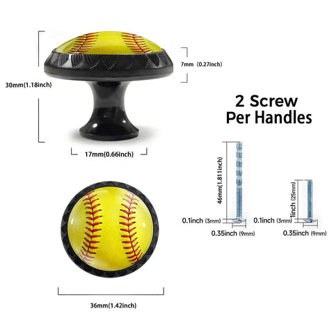 Straight Fire Softball Cabinet Knobs Four Pack Featuring Bright Yellow Leather Texture With Classic Red Stitching Hardware showing dimensions of knobs.