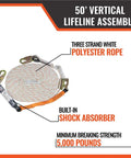 50 Foot Vertical Lifeline Assembly For Fall Protection Lanyard And Rope Grab System With Shock Absorber, coiled polyester rope