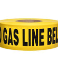 Yellow gas line warning tape roll with black text 'GAS LINE BELOW' on a white background