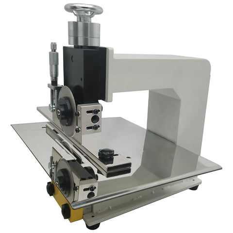 V Cut PCB Cutting Machine With Limit Module Upgraded Groove Cutter For PCB Boards And LED Light Panels 110V 40W Pro Grade Cutter, Precision V Groove Separator, High Accuracy Inner 240mm Max Width Easy DIY CNC Tool. Side view of metal PCB cutter with limit module