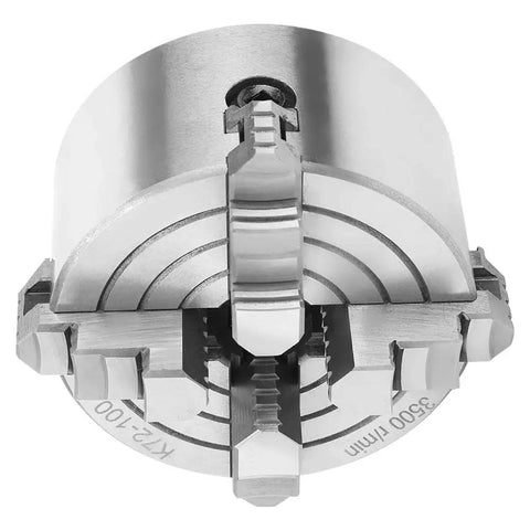 K72-100 Four Jaw Lathe Chuck For Manual Metal Turning, Independent Reversible Workhorse, 100mm Diameter, 25mm Bore, Front View