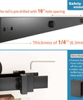 Close-up of Six Foot Double Track Bypass Sliding Barn Door Hardware Kit rail showing 16-inch hole spacing and 1/4-inch thickness.
