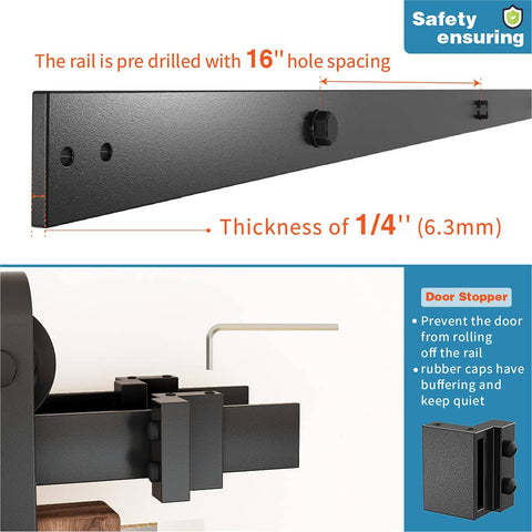 Close-up of Double Track Bypass Sliding Barn Door Hardware Kit with 16" hole spacing and door stopper for safety.