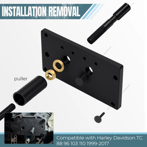 Front view of QBselecar inner cam bearing installer tool with black plate, brass spacers, and puller rod.
