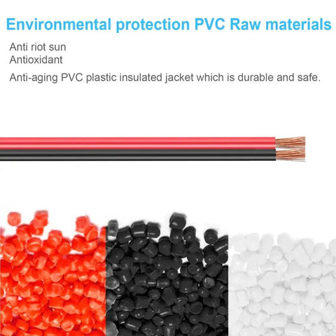 Red And Black 16 AWG 2 Conductor LED Strip Wiring Cable 100 Foot Flexible Parallel Wire For 12V And 24V DC LED Ribbon Lamp Tape Lighting Heavy Duty PVC Insulated Extension Cord, highlighted with raw PVC materials.