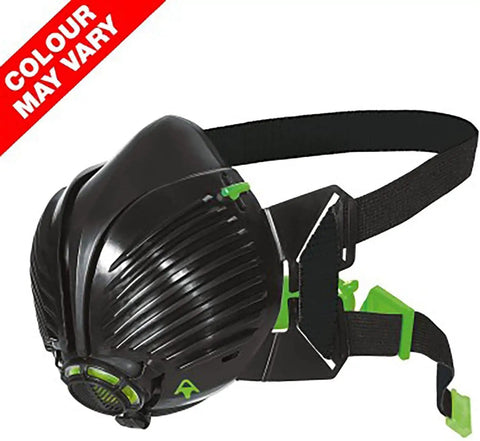Air Stealth Dust Mask Respirator M/L With Replaceable HEPA Filters, black TPE shell, adjustable straps, for construction work.