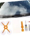 Windshield Repair Kit For Cars, Quick Easy Crack Fix For Laminated Auto Glass, Stops Chips And Cracks From Spreading, Save You Some Bucks And Restore Windshield To Near New Condition, DIY Auto Glass Repair Tool showing components and application on a windshield