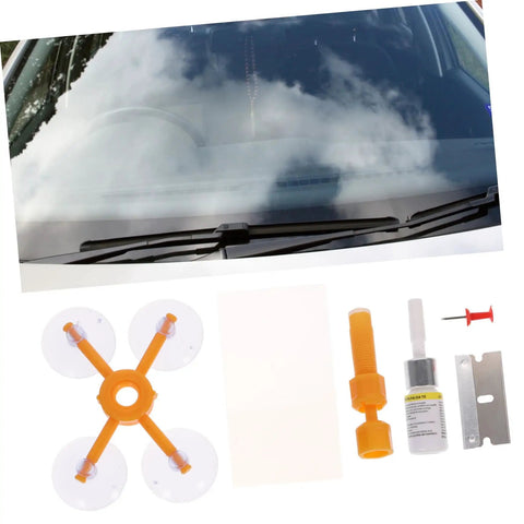 Windshield Repair Kit For Cars, Quick Easy Crack Fix For Laminated Auto Glass, Stops Chips And Cracks From Spreading, Save You Some Bucks And Restore Windshield To Near New Condition, DIY Auto Glass Repair Tool showing components and application on a windshield