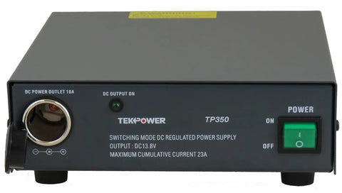 Front view of TP350 23 Amp DC 13.8V Switching Power Supply With Cigarette Plug for ham and CB radios, showing controls and plugs.