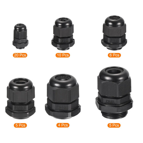 50 Pcs Adjustable Cable Gland Kit PG7 PG9 PG11 PG13.5 PG16 PG19 Waterproof Conduit Fittings Set in black plastic variety
