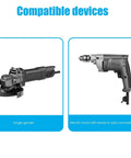 Angle grinder side view; gray body with disc guard. 
Electric hand drill side view; gray body with chuck and trigger.