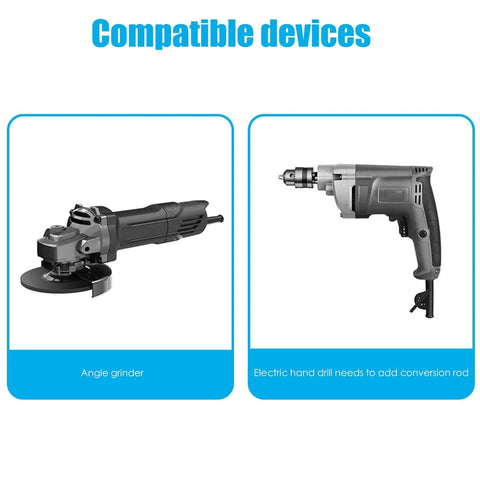 Angle grinder side view; gray body with disc guard. 
Electric hand drill side view; gray body with chuck and trigger.