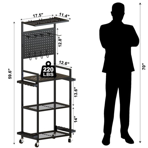 Fishing Rod Holder Rack With Wheels For Garage Storage And Organization, shown beside a silhouette for size comparison.
