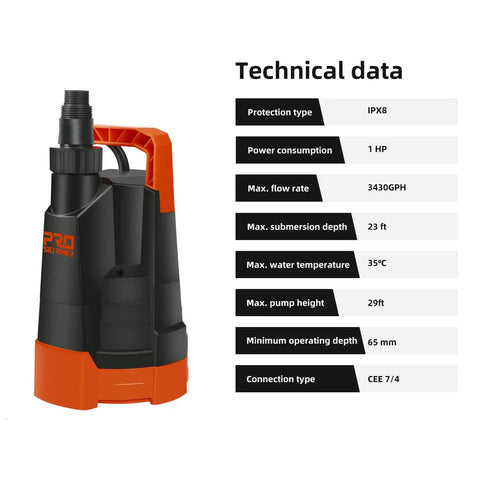 All Purpose Submersible Water Pump 1HP 3430 GPH Portable Drainage for Pools Ponds Gardens Basements and Flooded Cellars Easy Start Heavy Duty Home Use
