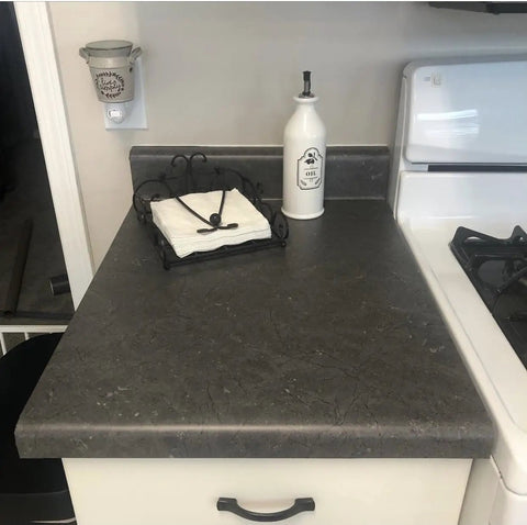 Kitchen Countertop Vinyl Wrap Self Adhesive Matte Gray Soapstone Look Peel And Stick with oil bottle and napkin tray