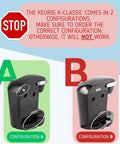 Stop sign warning about ordering the correct configuration, A or B, for Keurig K-Classic coffee maker compatibility.