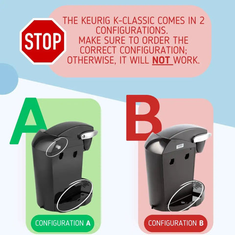 Stop sign warning about ordering the correct configuration, A or B, for Keurig K-Classic coffee maker compatibility.