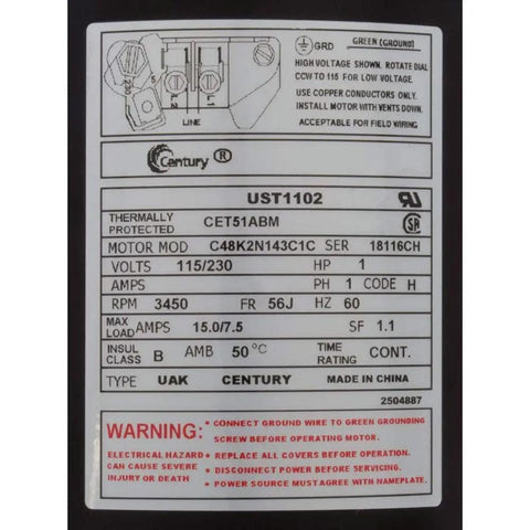 Label of Beefed Up One Horsepower Round Flange Replacement Motor For HVAC Fans 3450 RPM With Corrosion Resistant Outer Shell And Easy Wiring Access showing specifications and warnings